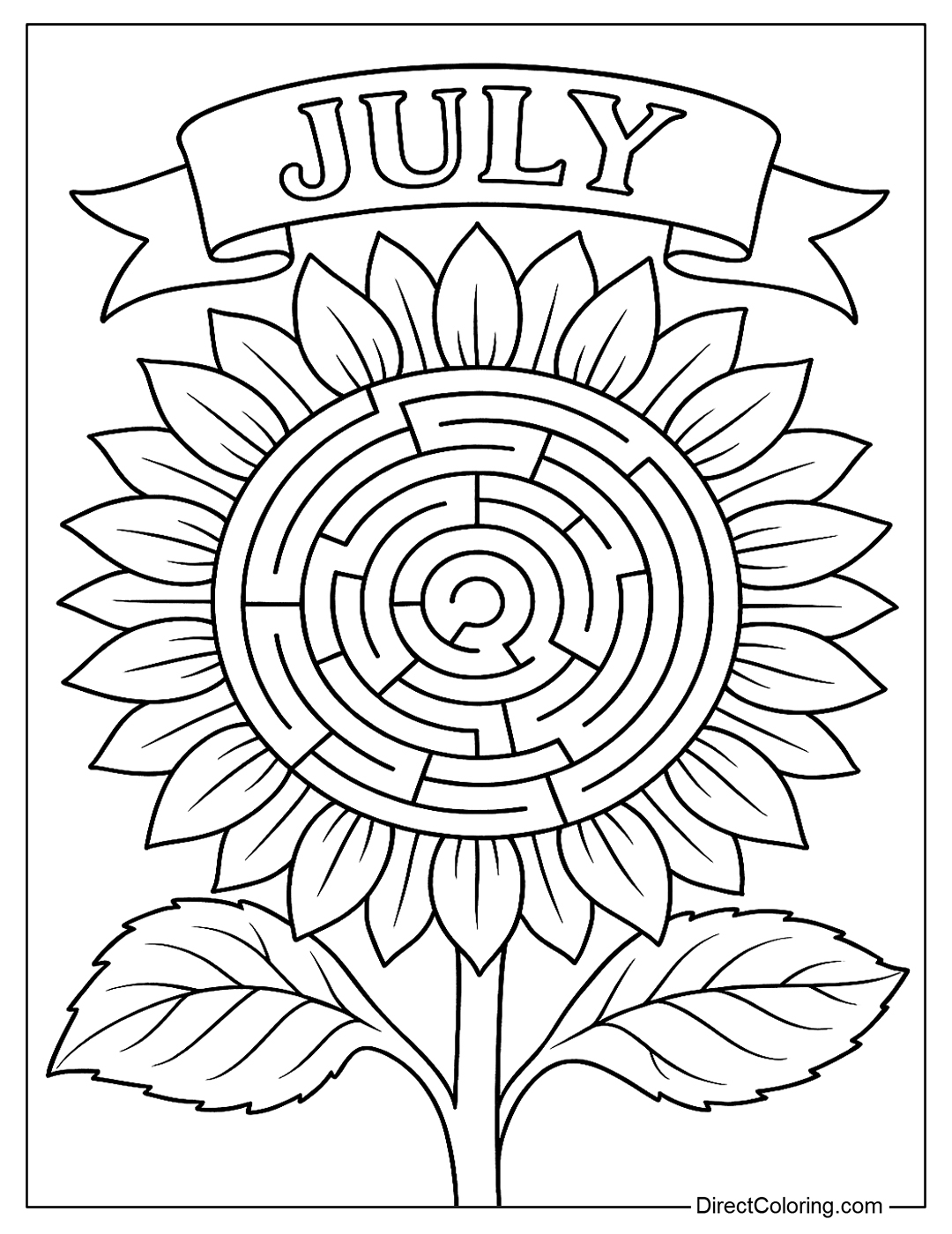 A giant sunflower maze coloring page, with a 